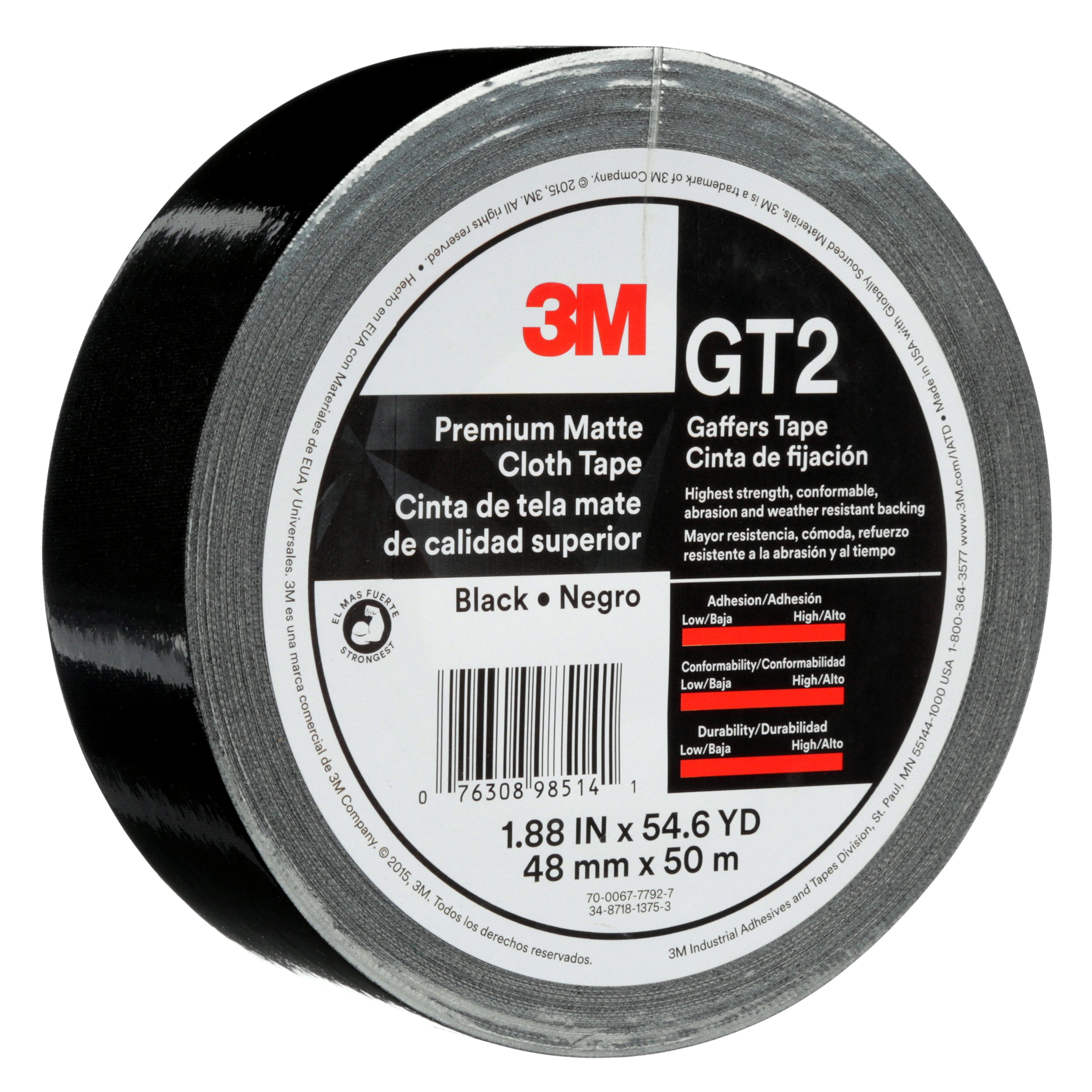 3M™ Premium Matte Cloth (Gaffers) Tape GT2 Black, 48 mm x 50 m 11 mil, 24  rolls per case 7010336132